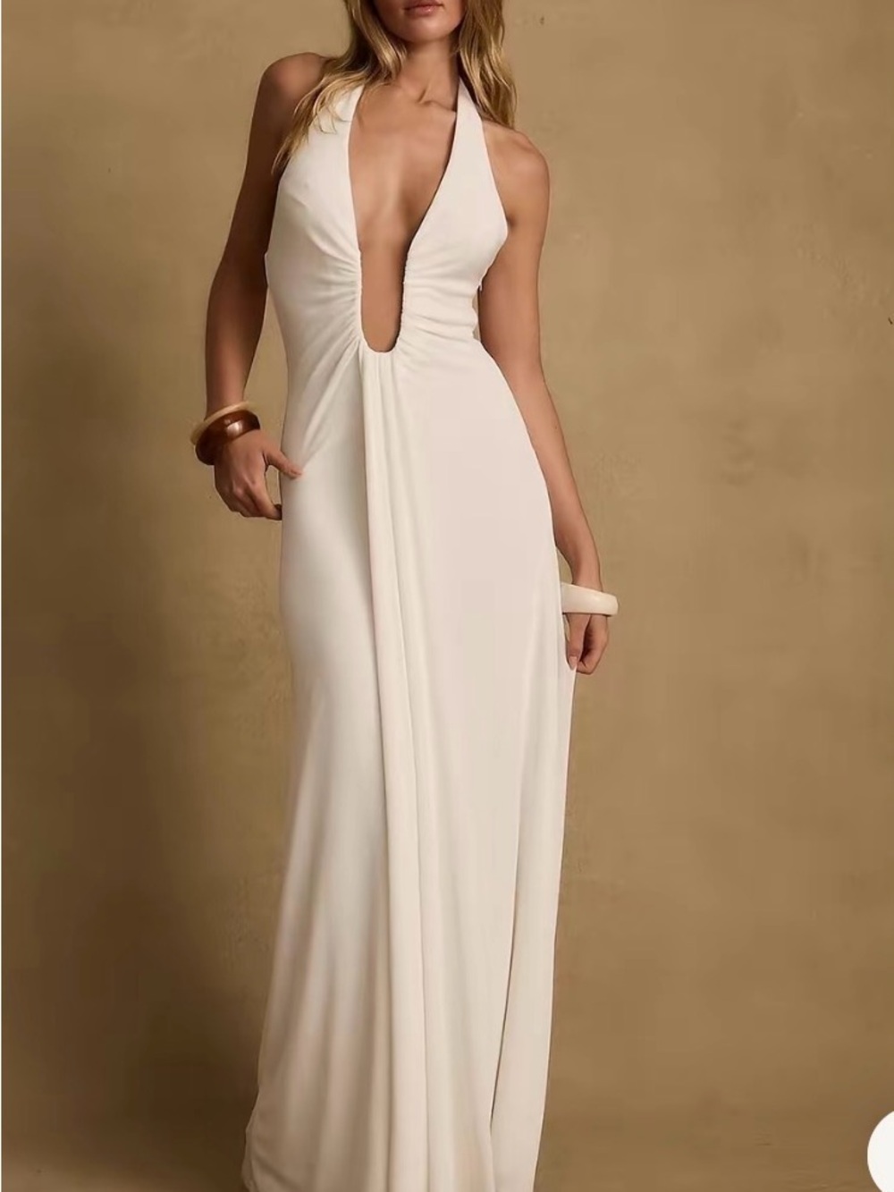 12th Tribe Cream Plunge Halter Maxi Dress